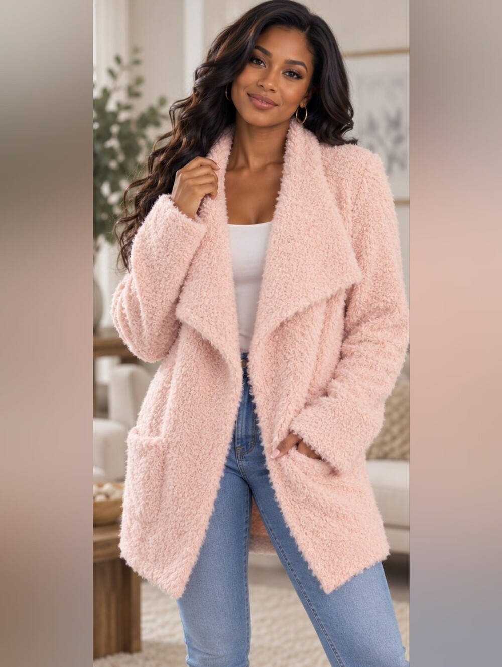 P.J. SALVAGE | Blush Pink Fuzzy Teddy Cardigan Sweater Cozy Long Open Front